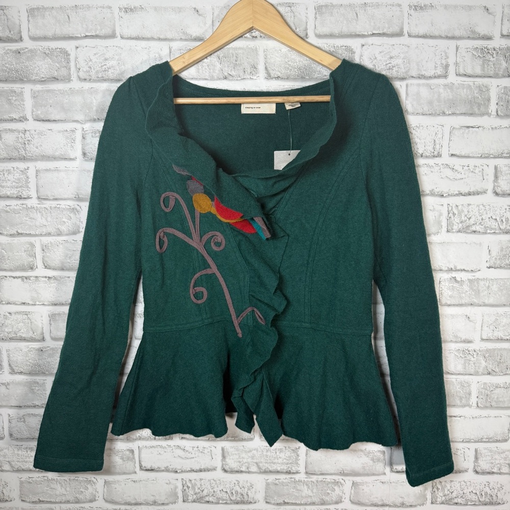 Sleeping on Snow Anthropologie Cardigan Medium Green Wool Appliqué Peplum NWT